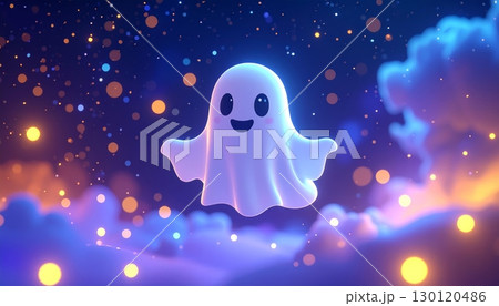 A 3D cute ghost floating in outer space. A 3D cute ghost floating in outer space. 130120486