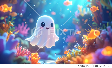 A 3D cute ghost floating deep underwater, surrounded by glowing fish and bioluminescent coral. A 3D cute ghost floating deep underwater, surrounded by glowing fish and bioluminescent coral. 130120487