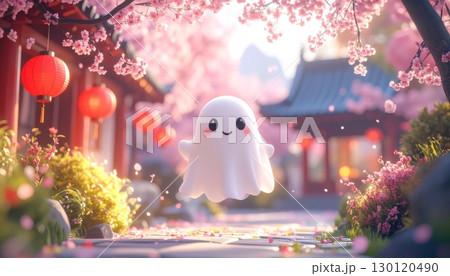 A 3D cute ghost floating in a Japanese garden filled with cherry blossoms and red lanterns. 130120490