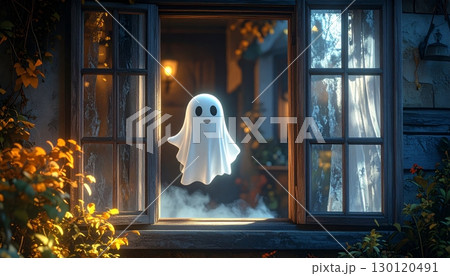 A 3D cute ghost emerging from an antique glass window in a haunted house. 130120491
