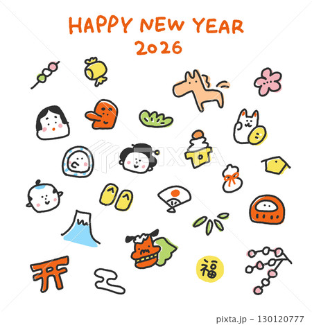 馬と正月の手描きのかわいい和風年賀状　2026 正方形・SNS・Insta用 130120777