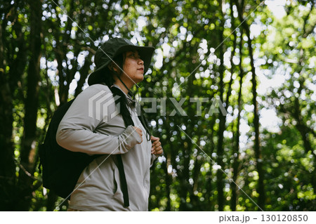 Young female traveler with backpack walking in national park or forest. recreation sport in nature. Female person bag, wave for hiking journey in woods. adventure in forest. trekking with backpack Young female traveler with backpack walking in national park or forest. recreation sport in nature. Female person bag, wave for hiking journey in woods. adventure in forest. trekking with backpack 130120850