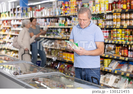 Elderly man choosing foods in glass display case in supermarket Elderly man choosing foods in glass display case in supermarket 130121455