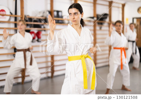 Young women during group karate training 130121508