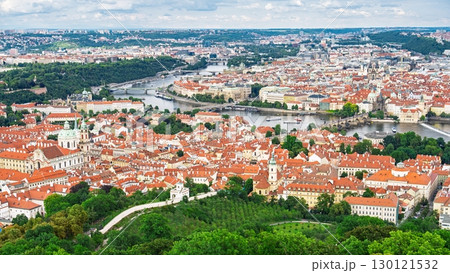 Panoramic View of Prague, Czechia Red Roofs and Vltava River from Above, Praha Cityscape 130121532
