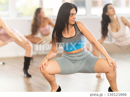 Women wearing casual activewear performing sensual and modern high heels choreography during group class in studio 130121666