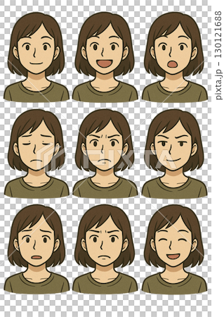 女性各種臉部表情的插圖集[透明背景] 130121688