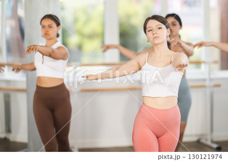 Young girl practicing basic ballet movements at group class 130121974