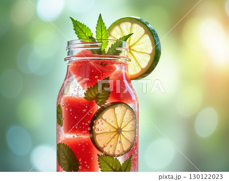 Refreshing Watermelon Lime Infused Drink in Glass Jar Still Life 130122023