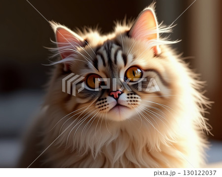 Gentle Light Portrait of a Longhaired Tabby Cat with Golden Eyes 130122037