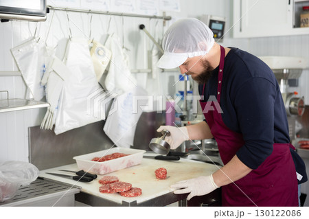Male food company employee prepares raw meat cutlets using special equipment Male food company employee prepares raw meat cutlets using special equipment 130122086
