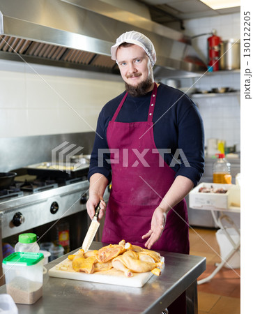 Store worker preparing raw chicken for cooking in ready-to-eat food section Store worker preparing raw chicken for cooking in ready-to-eat food section 130122205