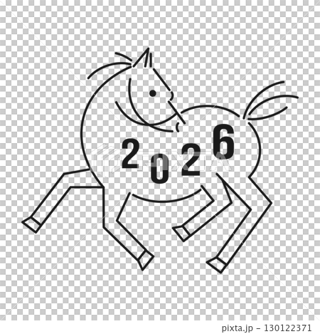 2026年 午年の年賀状 シンプルな走る馬の線画のイラスト 年号入り 130122371