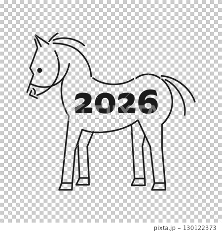2026 Year of the Horse New Year's card with a simple line drawing of a horse and the year 2026 Year of the Horse New Year's card with a simple line drawing of a horse and the year 130122373