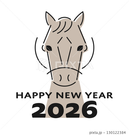 2026年 午年の年賀状 正面を向いたお洒落な馬の顔の線画 色付き  130122384