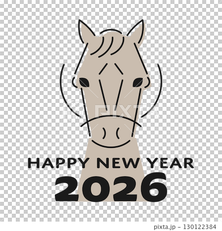 2026年 午年の年賀状 正面を向いたお洒落な馬の顔の線画 色付き  130122384