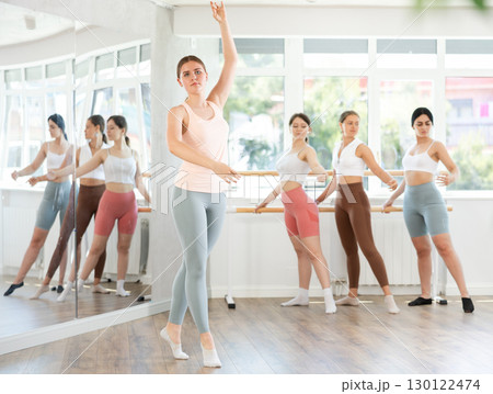 Young girl demonstrating ballet positions during choreography classes Young girl demonstrating ballet positions during choreography classes 130122474