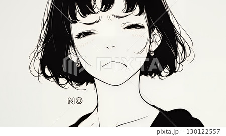 Noという表現を思いっきり顔に表しているる女性（シンプルな色使い）