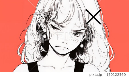 Noという表現を思いっきり顔に表しているる女性（シンプルな色使い）