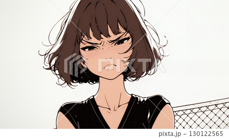 Noという表現を思いっきり顔に表しているる女性（シンプルな色使い）