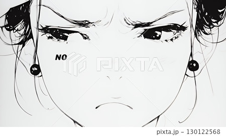 Noという表現を思いっきり顔に表しているる女性（シンプルな色使い）