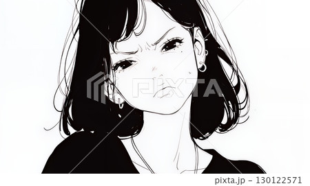 Noという表現を思いっきり顔に表しているる女性（シンプルな色使い）