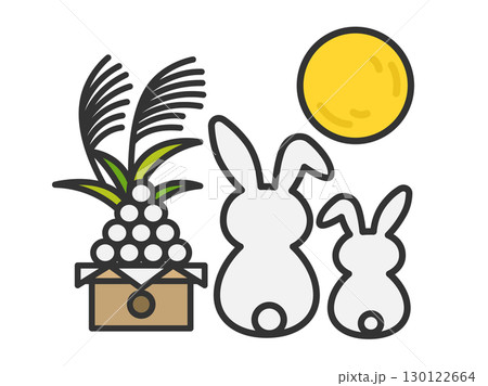お月見をしている、うさぎの親子（線画カラー）のイラスト 130122664