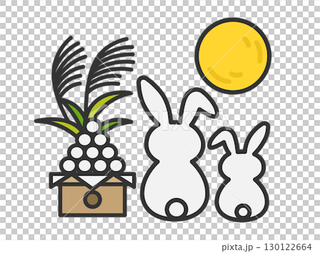 お月見をしている、うさぎの親子（線画カラー）のイラスト 130122664