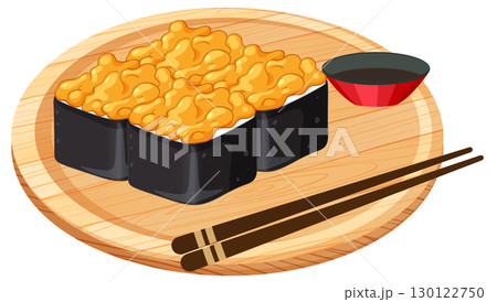 Baked Sushi Rolls with Sauce on Wooden Plate 130122750