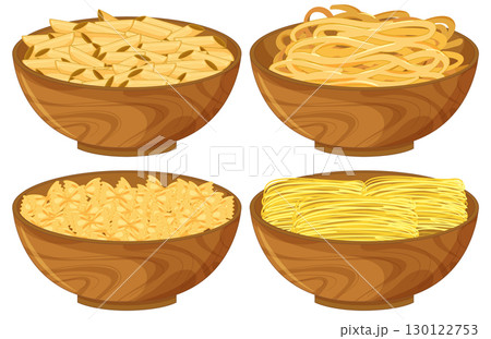Four Wooden Bowls Filled with Different Pasta Types 130122753
