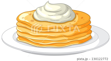 Stack of Russian Pancakes with Sour Cream on Plate 130122772