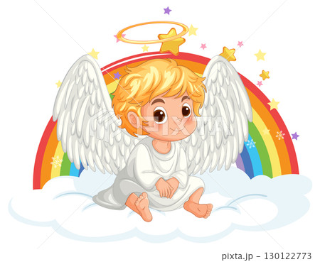 Cute Blonde Angel Child Sitting on Cloud with Rainbow Cute Blonde Angel Child Sitting on Cloud with Rainbow 130122773