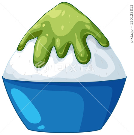 Japanese Shaved Ice Dessert with Matcha Syrup in Blue Bowl 130122813
