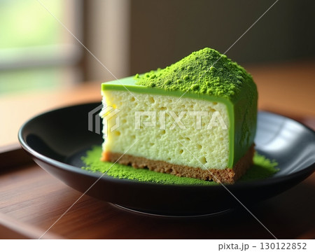 Delicious Green Matcha Cheesecake Slice on Plate for Dessert Indulgence 130122852