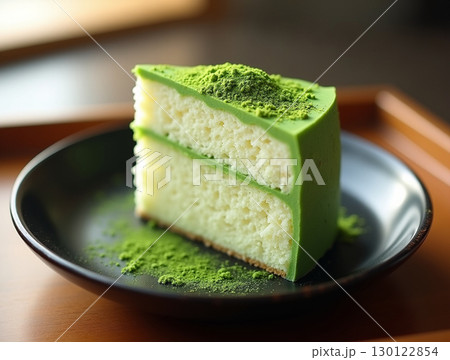 Delicious Looking Slice of Matcha Cake on a Black Plate Food 130122854