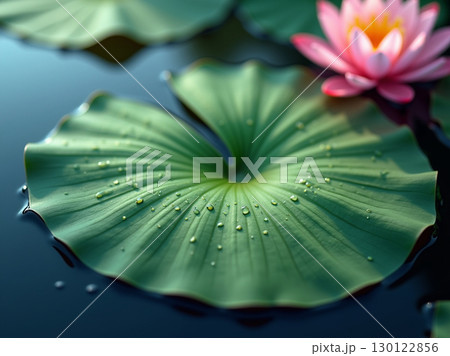 Serene Lotus Pad with Dew Drops and Pink Bloom in Pond 130122856