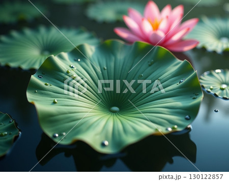 Serene Close Up of Lotus Pad with Dew Drops Natural Landscape 130122857