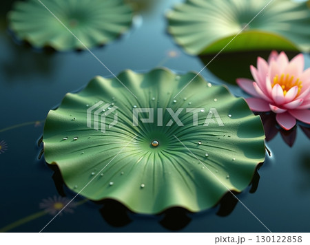 Serene Close-up of Lotus Lily Pad and Flower on Water Surface 130122858