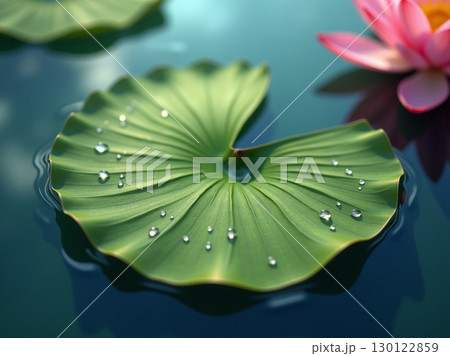 Serene Detailed Lotus Leaf with Water Droplets on Tranquil Water Surface 130122859