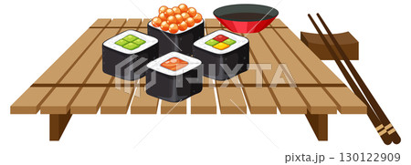 Assorted Sushi Rolls on Wooden Serving Board 130122909