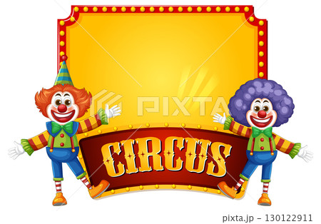 Colorful Clowns Welcoming at Circus Entrance Sign Colorful Clowns Welcoming at Circus Entrance Sign 130122911