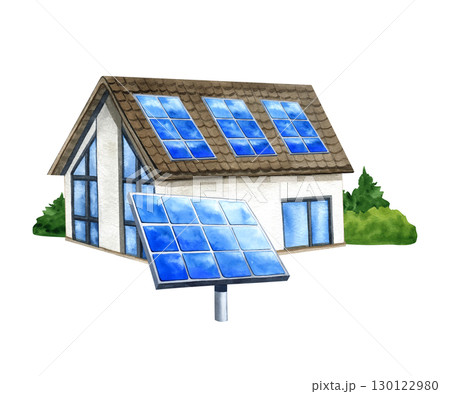 Solar panel on House. Renewable Energy Sources. PV panel on building. Watercolor isolated illustration. Alternative generator clean electric energy. Environmental protection. For website, flayer 130122980