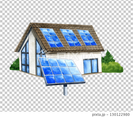 Solar panel on House. Renewable Energy Sources. PV panel on building. Watercolor isolated illustration. Alternative generator clean electric energy. Environmental protection. For website, flayer 130122980