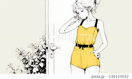 ウェストライン（腰回り）をチェックしている女性（シンプルな色使い）