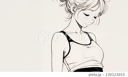 ウェストライン（腰回り）をチェックしている女性（シンプルな色使い）