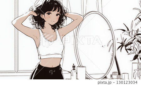 ウェストライン（腰回り）をチェックしている女性（シンプルな色使い）