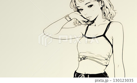 ウェストライン（腰回り）をチェックしている女性（シンプルな色使い）