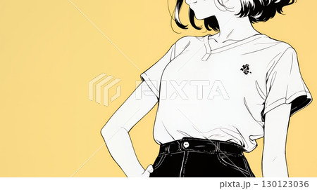 ウェストライン（腰回り）をチェックしている女性（シンプルな色使い）