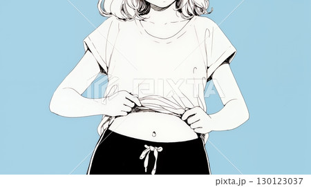 ウェストライン（腰回り）をチェックしている女性（シンプルな色使い）