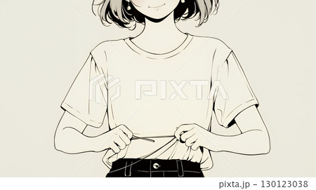 ウェストライン（腰回り）をチェックしている女性（シンプルな色使い）